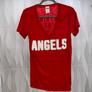 Angels Baseball Tee! Sequence ANGELS on front. “3 strikes you’re out” on back!
